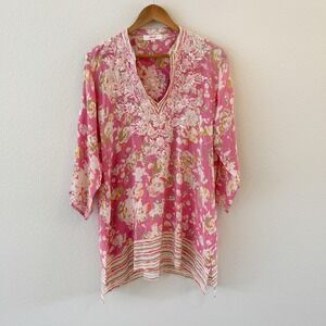 Amaya Silk Embroidered Floral Tunic Top Womens Size 44 Pink Boho Chic Resort